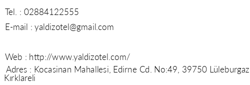 Yaldz Otel Lleburgaz telefon numaralar, faks, e-mail, posta adresi ve iletiim bilgileri